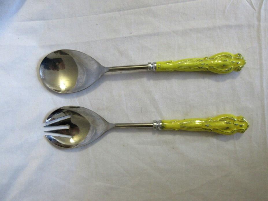 Set of 2 Metal Salad Fork & Spoon Set w/ Yellow Enamel Handles