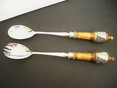VINTAGE SALAD SET FORK AND SPOON SILVERPLATED WOODEN HANDLES