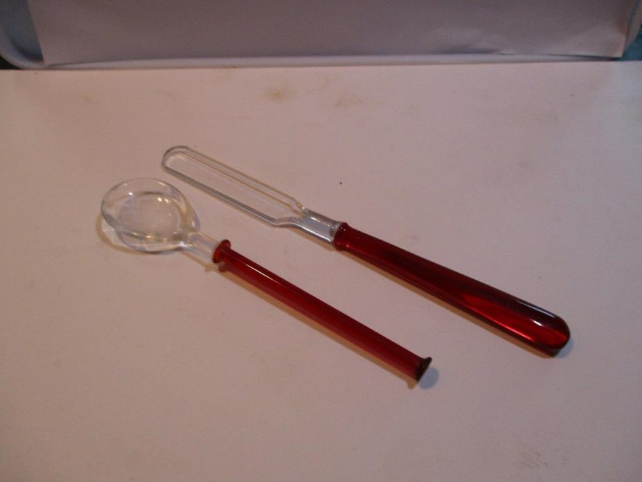 Glass knife & spoon with red handles