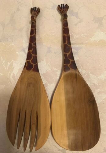 Wooden Giraffe Handled Spoon & Fork Serving Set-Hand Carved & Stained-11.5” Tall