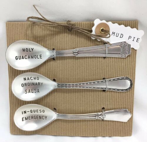 Brand New Mud Pie Circa Salsa Spoon Set Silver Humorous Funny Serving Spoons