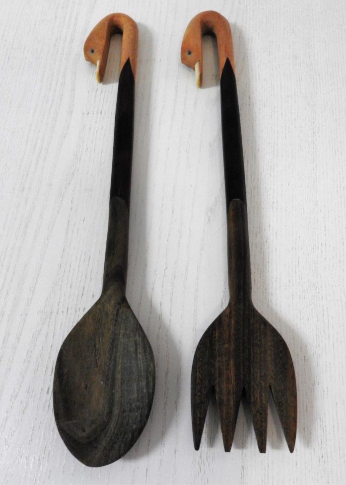 Vintage Duck Handle Walnut Salad Servers  12