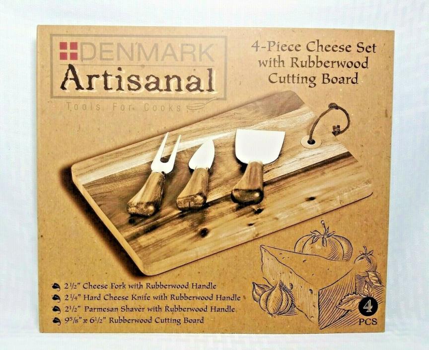 Denmark Artisanal 4-Piece Cheese Set With Rubberwood Cutting Board Brand New