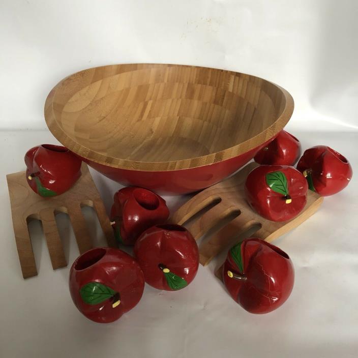 Wooden Salad bowl Island Bamboo  + 2 Carved Servers/hands+8 napkin rings/holders