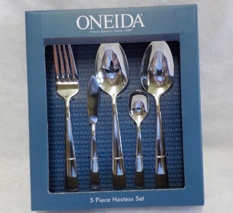 ONEIDA 5 Piece Hostess Set NOCHA Pattern NIB 18% Chrome Dishwash Safe No Polish