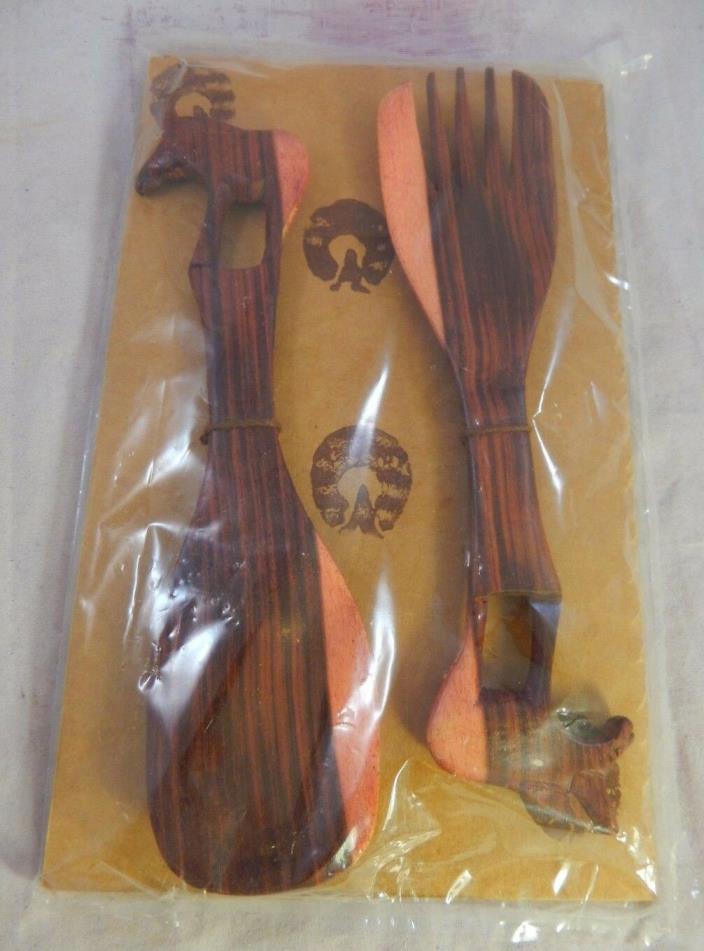 Wood Wooden Animal Salad Servers Spoon & Fork Hand Carved New 8