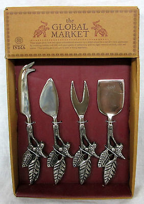 The Global Market 4 pc SERVING UTENSILS w/ BIRD & LEAVES Cheese Tray Decor India