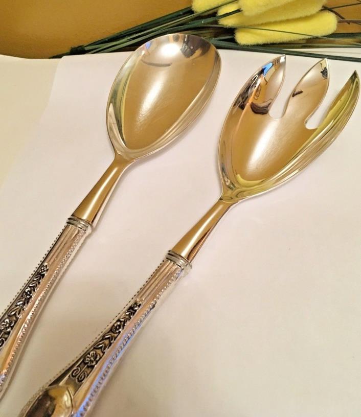 Silver Plated Salad Set Serving Fork & Spoon 10” Long  New Open Stock Stunning