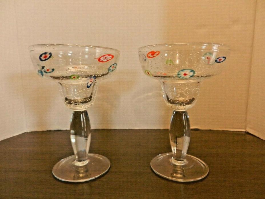 Millefiori Bubble Glass Margarita Glasses - Set of 2 Hand Blown 6 3/4