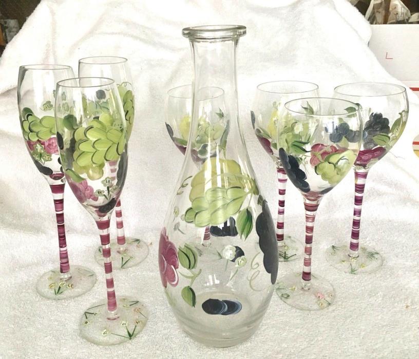 Glass Decanter With 7 Glasses 4 Wine 3 Champagne  Hand Painted Grape Clusters