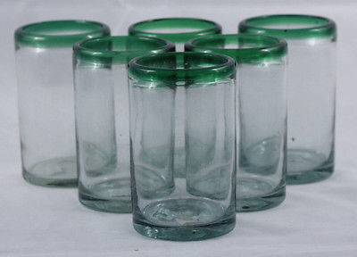 Green Rim Mexican Glasses Hand Blown Tumbler set 6 Glassware Mexico Glass