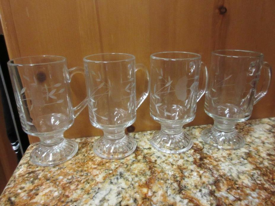 Princess House Heritage Set 4 clear glass Irish Coffee cup footed mug Etched