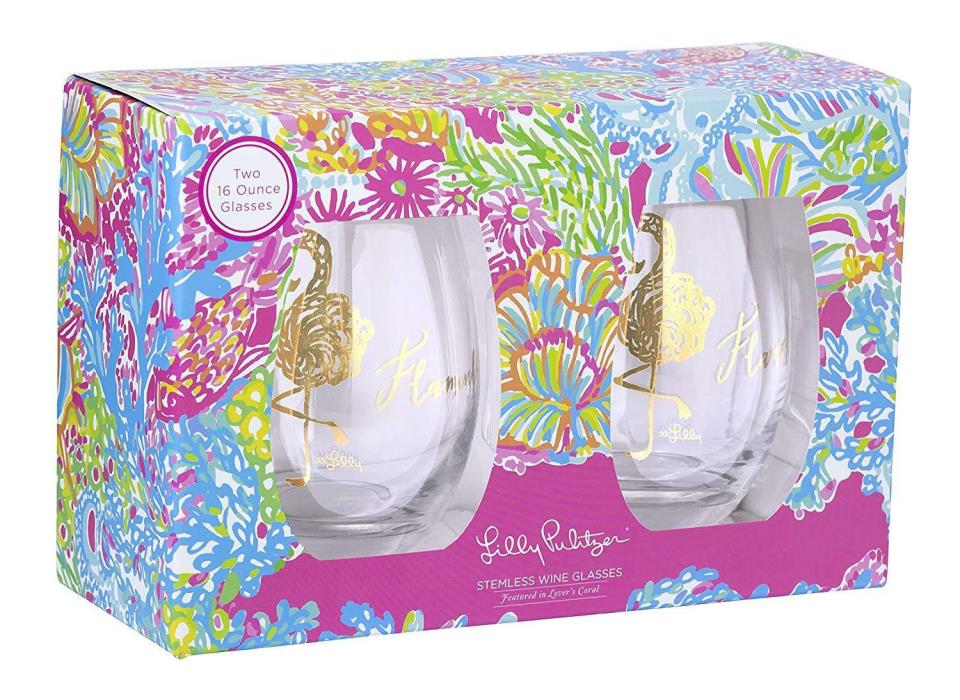 NEW Lily Pulitzer Lover's Coral Set Of Two Flamingo Stemless Wine Glasses 16 oz