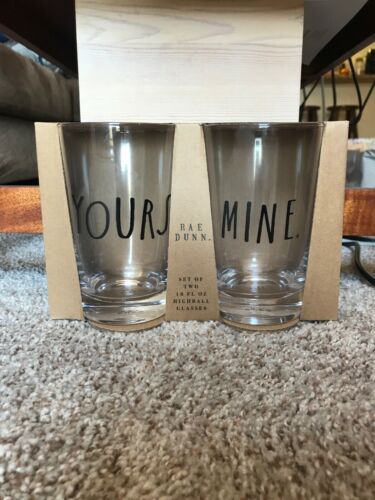 Rae Dunn 18 FL OZ  Set of Two Highball Glasses Mine & Yours