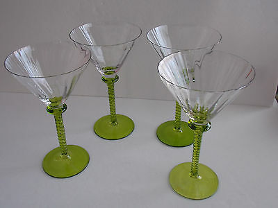TALL WINE GLASSES With Light-Green Spiral Pedestals - Set of Four
