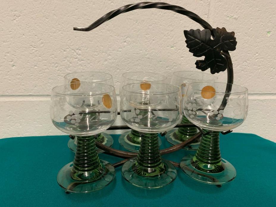 SCHOTT ZWIESEL GERMANY 6 GREEN STEM BEE HIVE GLASSES WITH WROGHT IRON HOLDER