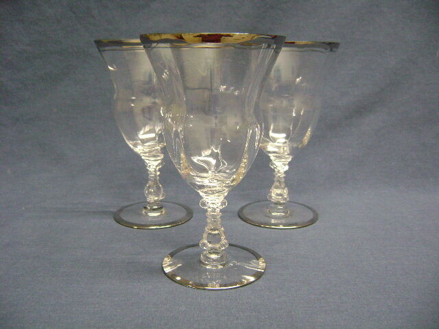 Vintage 3 Large Footed Water Wine Goblets Glasses Optic Paneled Silver Rim/ Base
