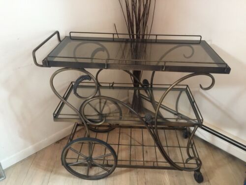 2-Tier Bar Cart Rolling Beverage Wine Whiskey Party Rack Stand Antique Gold New