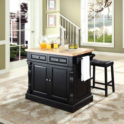 Crosley Butcher Block Top Kitchen Island with 24 in. Upholstered Saddle Stools