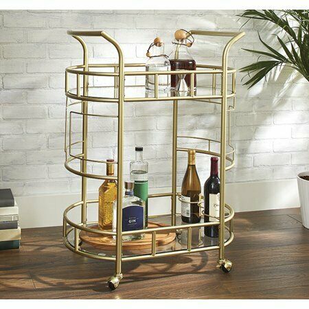 Fitzgerald 2-Tier Bar Cart, Gold Finish Glass tier Rolling Locking Casters