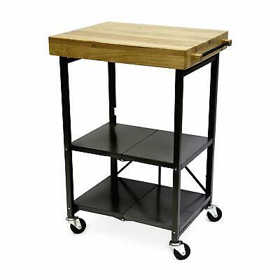 Origami Foldable Wheeled Portable Solid Wood Top Kitchen Island Bar Cart Black