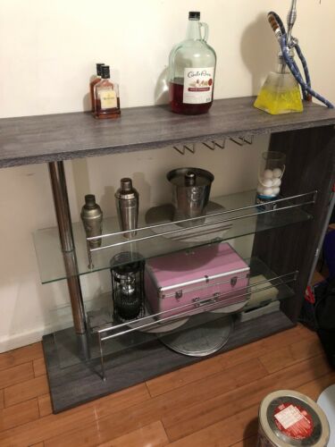 Radiant Rectangular Bar Table with 2 Shelves and Wine Holder, Gray