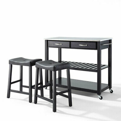 Afton Stainless Steel Top Kitchen Cart/Island in Black Finish With 24-Inch Black