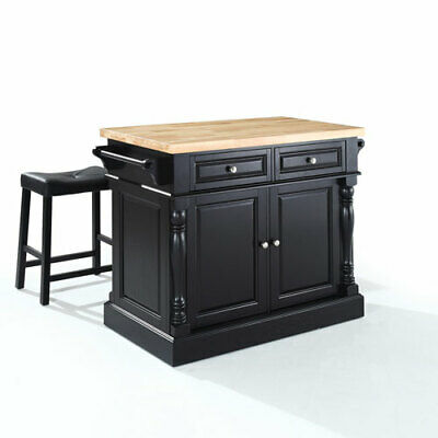 Butcher Block Top Kitchen Island in Black Finish with 24-Inch Black Upholstered