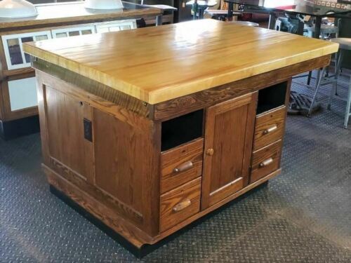 Antique Oak Kitchen Island Butcherblock Top Table / Science Lab Cabinet