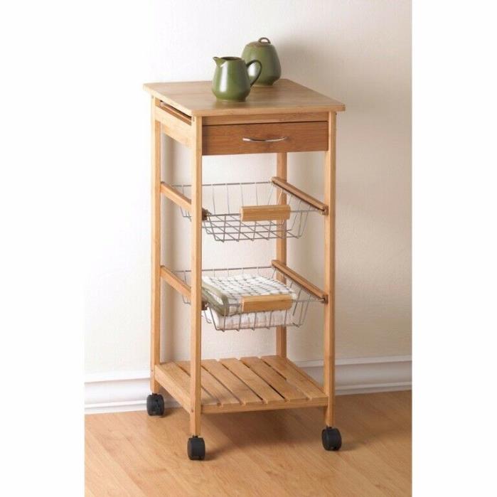 Osaka Rolling Kitchen Cart, Bamboo Top, Utensil Drawer, 2 Baskets and Shelf