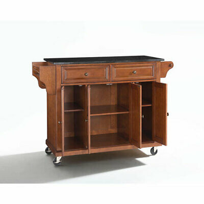 Solid Black Granite Top Kitchen Cart/Island in Classic Cherry Finish