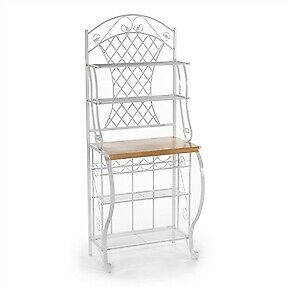 WHITE METAL BAKERS RACK WITH 5 SHELVES ORNATE DETAILS AND FUNCTIONALITY