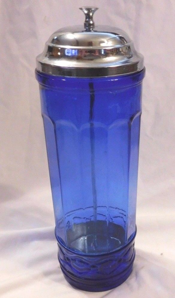 Cobalt Blue Depression Style Glass Straw Holder & Dispenser w/ Chrome Lid