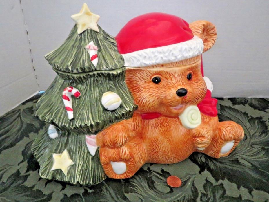 Vintage Retro Christmas Cookie Jar Music Plays When Lid Lifted Teddy Bear Tree