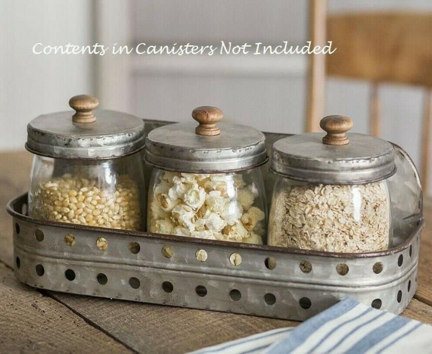 Farmhouse Style Three Glass Canisters with Metal Industrial Storage Bin Holder