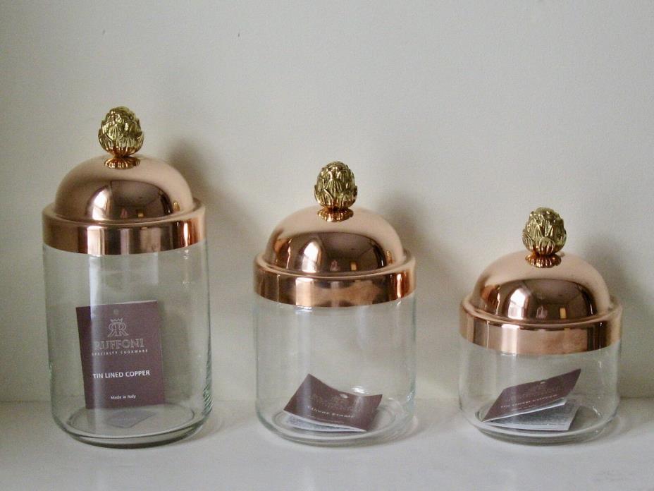 Ruffoni Set of 3 Copper Lid Artichoke Finial Canister Jars Made in ITALY