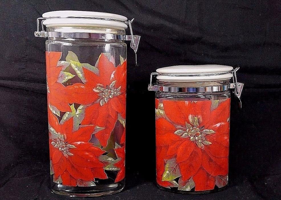 2 Vintage Christmas Glass Canister Lid Ceramic Poinsettia Design oval Shaped set