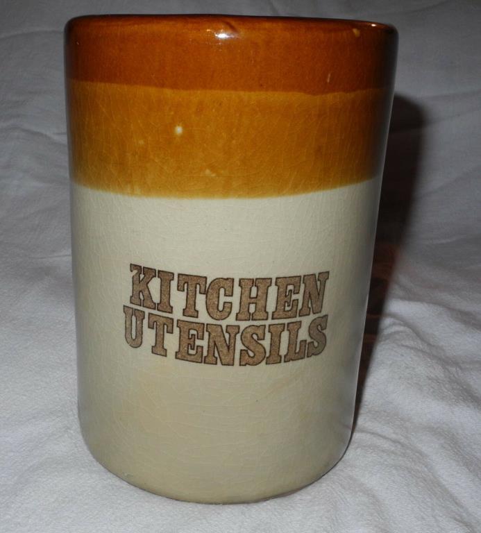 Kitchen Utensils Holder Crock Brown Drip Country Primitive Stoneware Ceramic