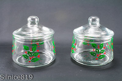 Vintage Christmas Holly & Berry Clear glass Canisters with lids  set of 2
