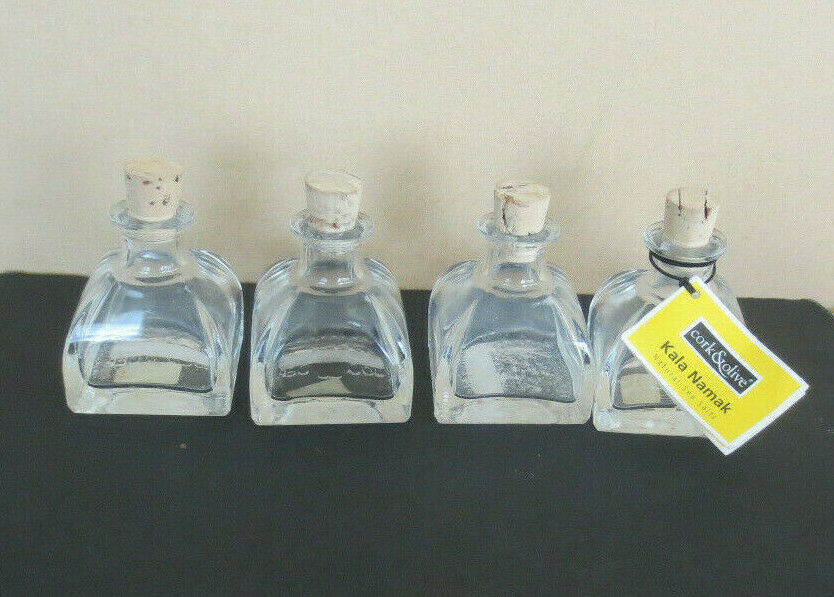 Clear Glass Storage Jars Bottle Container Set 4 w/ Cork Stopper Kala Namak Salts