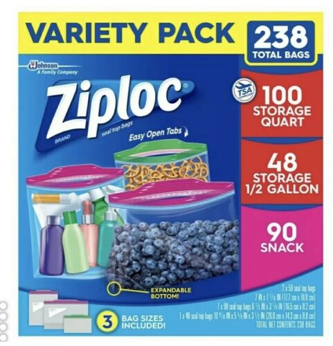 Ziploc Bags Variety Pack 238 Ct - 100 Quart, 48 Half Gal, 90 Sml ~10cents a bag