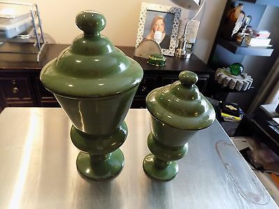 Set of 2 Green Glass Containers/Urns w/ Tops Decorative 9