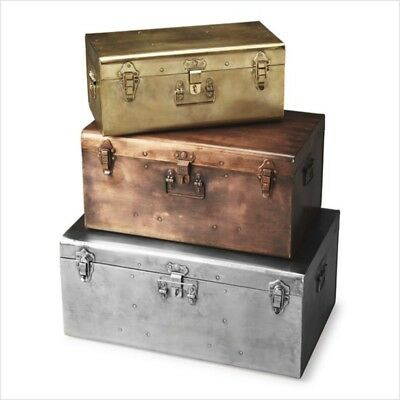 Storage Trunk Set of (3) Sizes. Gold, Silver, Bronze-Toned Metal Finishes.