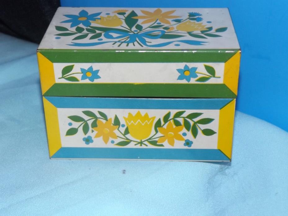 Vintage RETRO 60's 70's FLOWER POWER Blue Yellow Green Metal RECIPE BOX KITCHEN