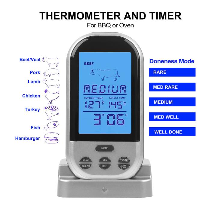 Wireless LCD Remote Thermometer For BBQ Grill Meat Kitchen Oven Food Cooking New