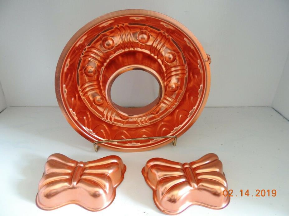 3 Vintage Copper Molds - 2 small butterfly mold and 1 around jello molds - EUC