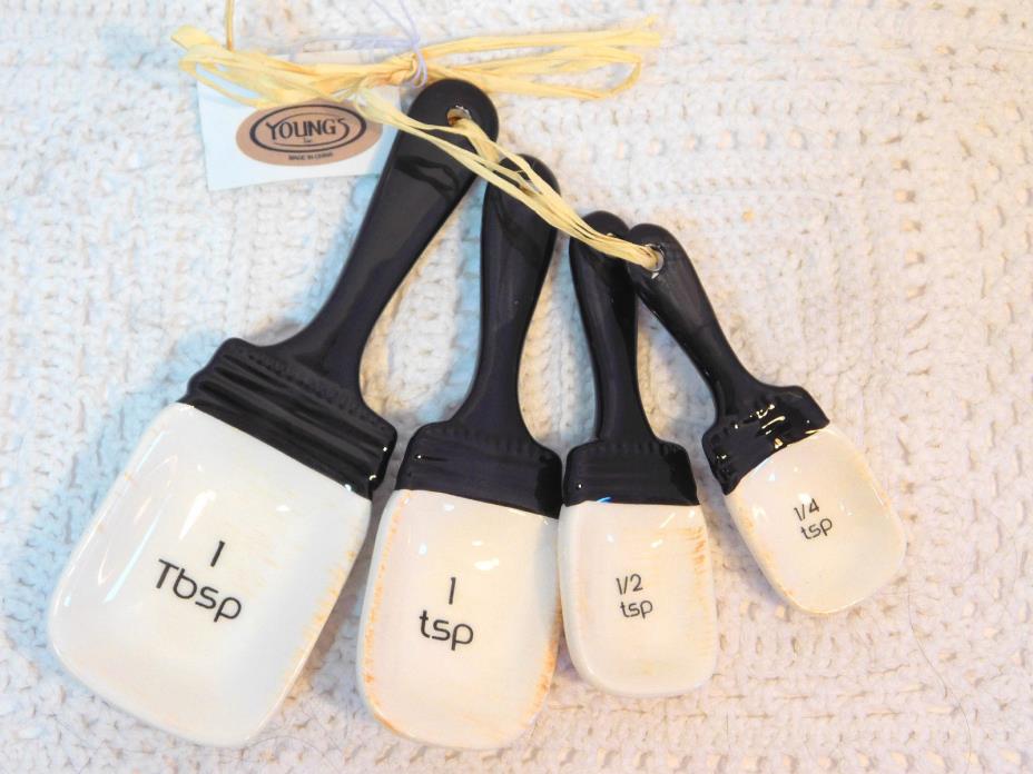 White Ceramic Mason Jar Measure Spoons 4pc Set Young's 1tbsp 1tsp 1/2tsp 1/4tsp