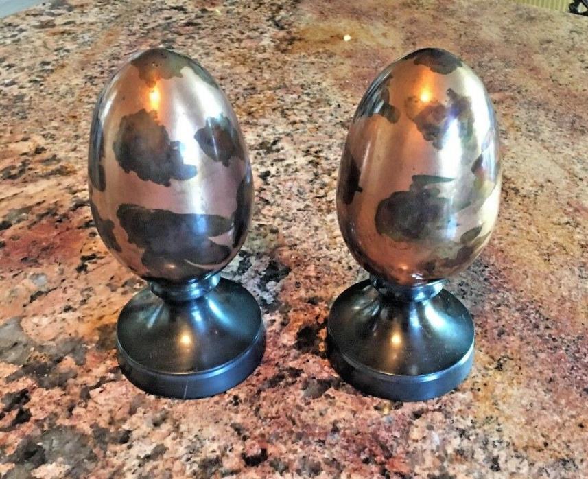 2 Egg-shaped Bronze/Copper Metal Drapery Curtain Rod Finials  7.25” X 3.5”
