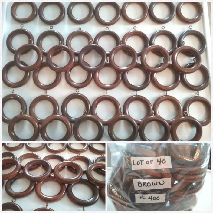 VTG LOT OF 40 BROWN WOODEN CURTAIN RINGS WITH SCREW EYES (#400).