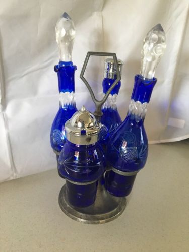 VINTAGE COBALT BLUE CUT TO CLEAR CASTOR CONDIMENT SET